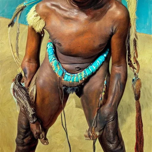 Prompt: high quality high detail painting by lucian freud and jenny saville, hd, full body of a indigenous tribe leader, turquoise color, photorealistic lighting