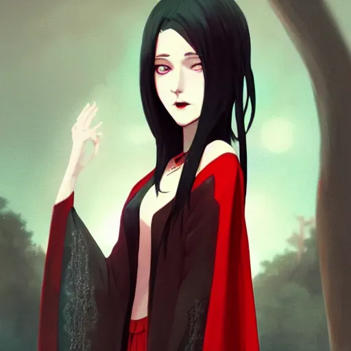 Image similar to a portrait of a very beautiful vampire woman with black hair and pale skin, red eyes, wearing a black and red cloak, nightime village background, anime key visual, dramatic lighting, 4k resolution, illustration, concept art, lois van baarle, ilya kuvshinov, rossdraws, artstation