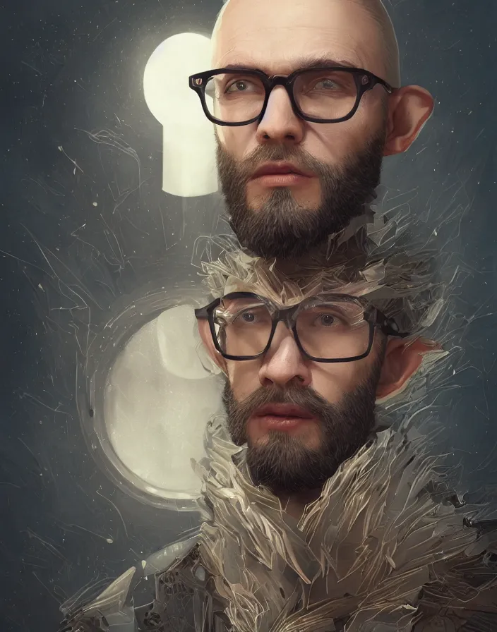 Image similar to portrait of a handsome male elf mage with a beard wearing jean paul gaultier eyewear, magic hour, fog, intricate artwork by Tooth Wu and wlop and beeple and dan mumford. octane render, trending on artstation, greg rutkowski very coherent symmetrical artwork. cinematic, hyper realism, high detail, octane render, 8k, depth of field, bokeh