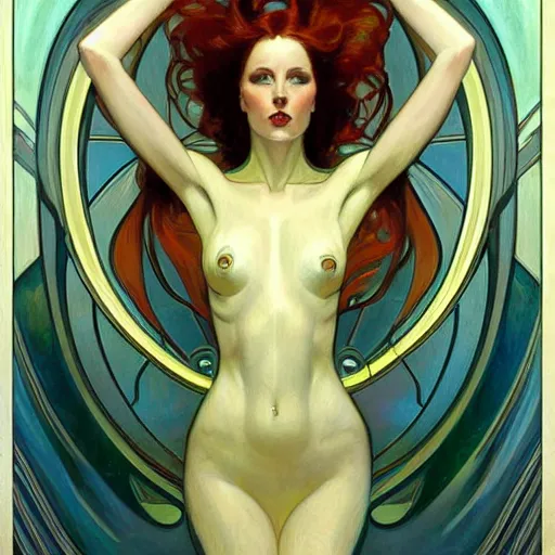 Image similar to a streamline moderne painting in the style of donato giancola, and in the style of charlie bowater, and in the style of alphonse mucha. symmetry, smooth, sharp focus, semi - realism, intricate detail.