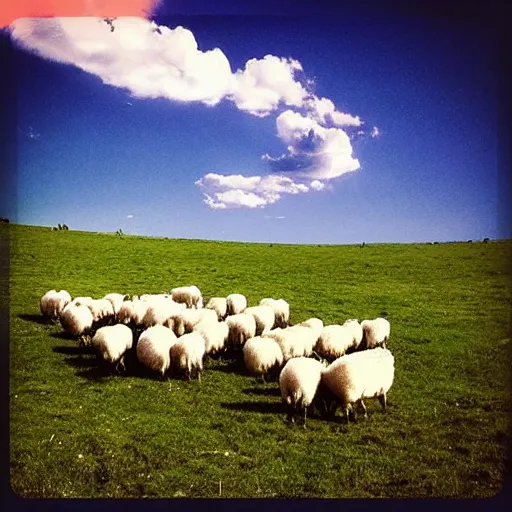 Prompt: “A flock of sheep in a green meadow with a clear sky above and a spaceship flying overhead”