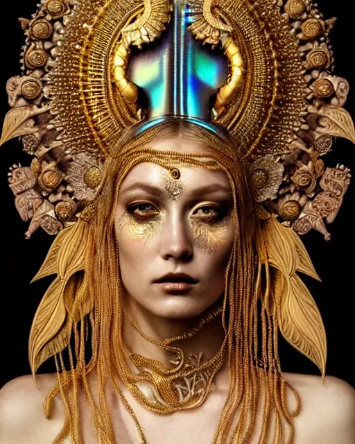 Image similar to hyperrealistic detailed portrait of a beautiful goddess in an iridescent - gold ornamental ritual headdress, intricate cyberpunk make - up, golden face tattoos, insane details, art by ernst haeckel, nekro borja, john william godward, gothic - cyberpunk, beautiful deep colours,