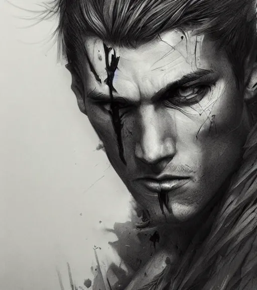 Image similar to brutal man, beautiful piercing eyes, realistic face, black and white drawing, in the style of greg rutkowski, fantasy, amazing detail, epic, intricate, elegant, smooth, sharp focus