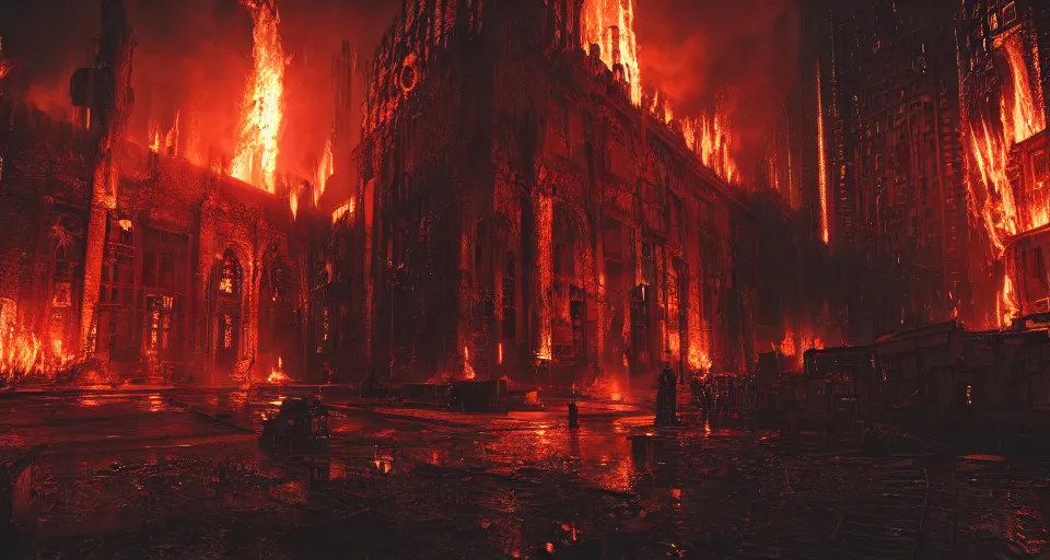 Prompt: a cyberpunk medieval gothic dark-ages city, rich contrast, fire-twister, fire-tornado, lava-twister, feeling of grimdark and gothic horror, explosions and fire, hyperrealistic, octane render, unreal engine, Cryengine 8k UHD