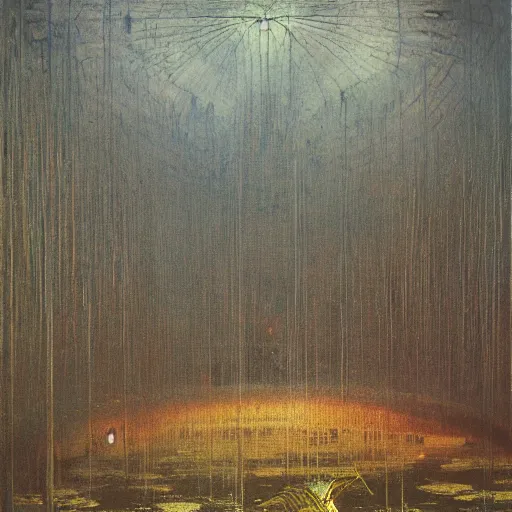 Prompt: flooded overgrown interior of boeing, matte painting, oil painting, by beksinski and moreau