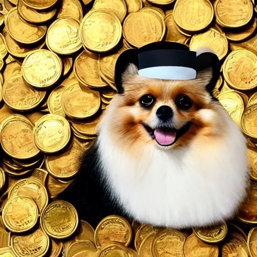 Image similar to A pomeranian wearing a top-hat, sitting on top of a large pile of gold coins