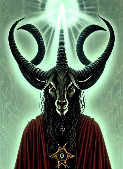 Image similar to elden ring themed orthodox baphomet goat jesus icon tarot card portrait, piercing gaze, byzantine aesthetic, doom, religious, sinister, ornate, intricate, beautifully backlit, subtle tones, digital painting, concept art, smooth, sharp focus, illustration, art by josan gonzalez, greg rutkowski, killian eng and zdizslaw beksinski