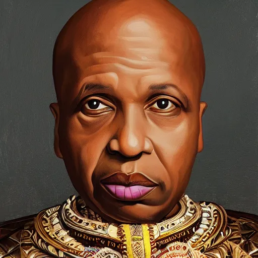 Prompt: a professionally painted portrait of Father Divine , clothed in ancient battle armor, dark skin, dark hair, beautiful bone structure, symmetrical facial features, stunningly beautiful, intricate, elegant, digital painting, smooth, sharp focus, illustration, from Kehinde Wiley and Kara Walker