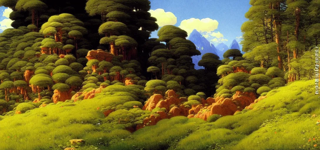 Image similar to ghibli illustrated background of a strikingly beautiful landform by vasily polenov, luminism, eugene von guerard, ivan shishkin, albert edelfelt, john singer sargent, albert bierstadt 4 k