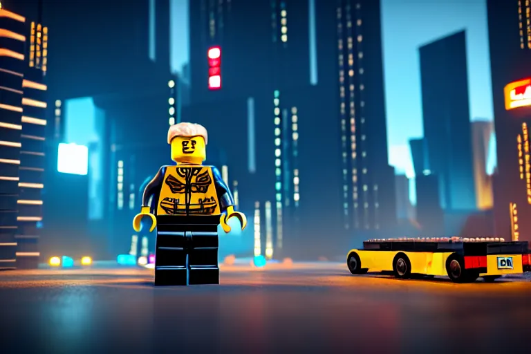 Image similar to a lego man at cyberpunk city. super realistic 8 k render of a elegant, cinematic composition