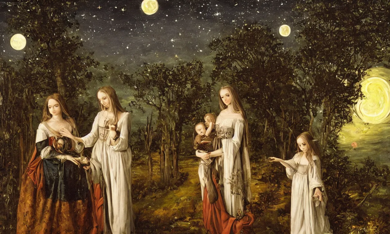 Prompt: a gothic oil painting of a beautiful medieval noble girl holding a small goblin in her hands in a garden filled with moonlight. the crescent moon glows overhead in a starry night sky. moonlit scene. the lady is standing, wearing a flowing white robe. the goblin looks at her with love., vivid colors, high details, cinematic, 8k resolution, beautiful detailed, photorealistic, digital painting, artstation, concept art, smooth, sharp focus, illustration, fantasy background, artstation trending, octane render, unreal engine