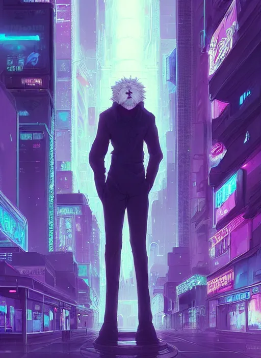 Prompt: beautiful portrait commission of a giant albino male furry anthro lion overlord controlling a vaporwave city at night in the rain below him. Neon light. Atmospheric. Character design by charlie bowater, ross tran, artgerm, and makoto shinkai, detailed, inked, western comic book art, 2021 award winning painting