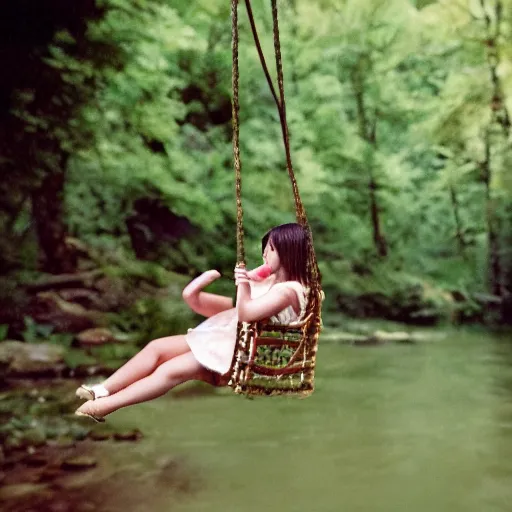 Prompt: scene dua lipa as nendoroid on the swing as nendoroid by the rural stream, kodak film