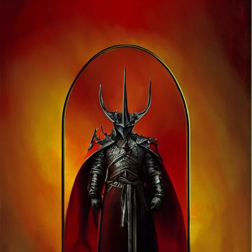 Prompt: the witch-king of angmar, portrait standing in a blood red pool of water between a golden mirror frame, outside is space and inside the mirror frame is a beautiful landscape., physically accurate, dynamic lighting, intricate, elegant, highly detailed, very very Roberto Ferri, sharp focus, illustration, art