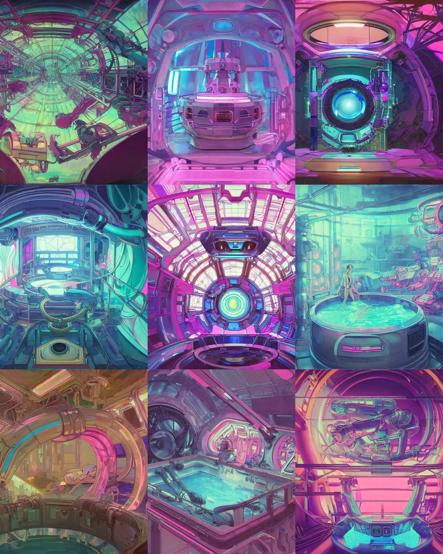 Prompt: the inside of a the inside of a seapunk Mecha stomach tank with pink water hot tub cross section, stomach vibes, cinematic lighting, lined with neon tube lights, vaporwave , digital art, artstation, by WLOP, Ilya repin, alphonse mucha. Dynamic perspective mouth, Very highly detailed 8K, octane, Digital painting, the golden ratio, rational painting