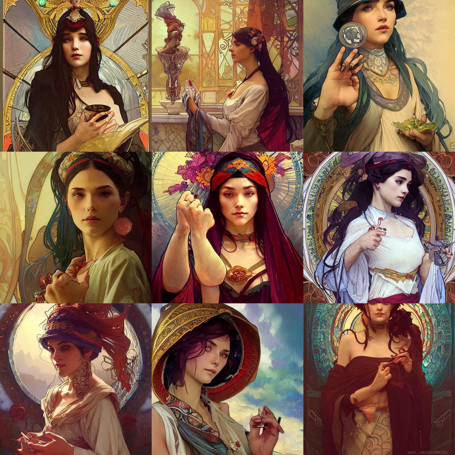 Prompt: a fortune teller, artgerm, greg rutkowski, alphonse mucha