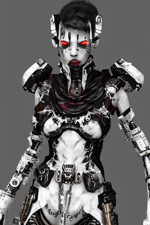 Image similar to white cyborg fashion shot, maasai punk warriors, fractal decorations, unreal engine, trending on artstation,