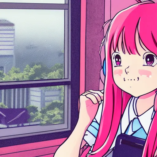 Image similar to high definition anime portrait of a pink haired anime schoolgirl sitting at a desk studying with headphones on, background is a window looking out into a busy tokyo district, lo-fi art, by Studio Ghibli, trending on artstation, sharp high quality anime, digital art, photoshop, proportionate