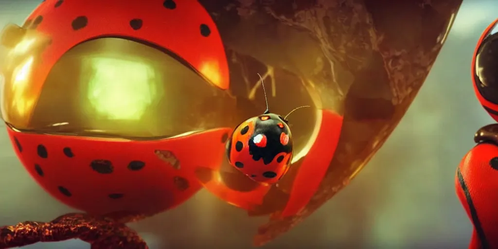Prompt: a 3 d rendered movie still a ladybug descendant 1 million into the future. the ladybug is sentient, wears a spacesuit, and explores cosmos in a super awesome space ship. science fiction blockbuster movie ladybugs rule the world or my stepmom is a ladybug from the future, imax 7 0 mm. gaurdians of the galaxy.