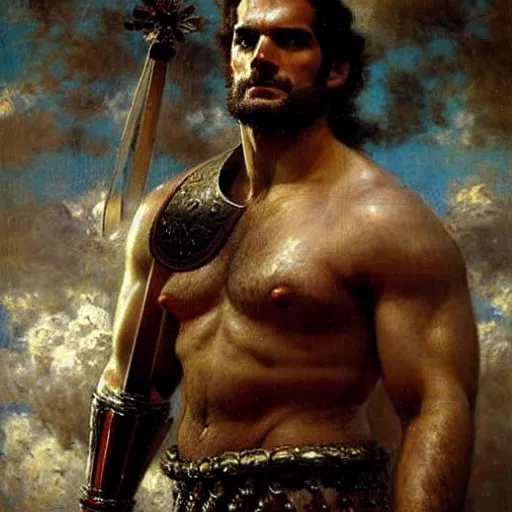 Prompt: Henry Cavill as a roman warrior, muscular, thighs!!!!, painting by Gaston Bussiere, Craig Mullins