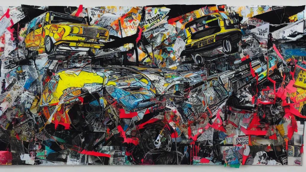 Prompt: lowrider crash test, collage paper and tape, pencil and graffiti marker, acrylic on canvas, expressionism, high resolution, cinematic, unreal 6 breathtaking detailed, by blake neubert