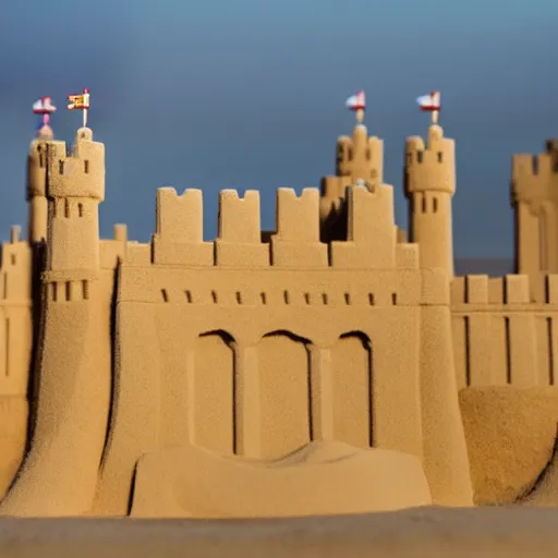 Prompt: full - size tower of london sandcastle contains human crowd, tiltshift, coronation of the sand queen, sunset