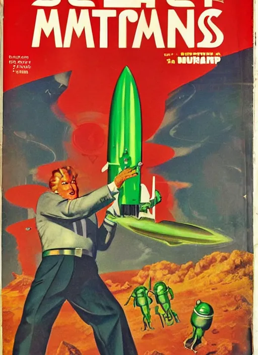 Image similar to 5 0 s sci fi pulp magazine cover of donald trump on mars pointing a ray gun to evil green martians, rocket on the background, by norman rockwell, by drew struzan, high res