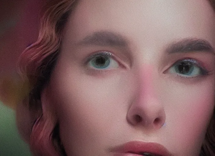 Prompt: cinematic mid shot of a high detail, refined woman's face looking off camera. fine facial features. she stands in an empty, pastel colourful 3 d, forrest scene, shallow depth of field, multiple copies of the woman, by jeffrey smart and gregory crewdson and edward hopper, inspired by the grand budapest hotel