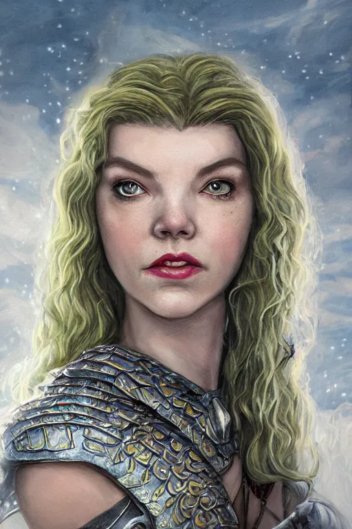 Image similar to A fantasy comic book style portrait painting of Cory Chase, hybrid, Anya Taylor-Joy, as an Atlantean Reptilian Warrior, François Boucher, Oil Painting, Mystical, Modest, Valkyrie, wearing intricately designed, jewel inlaid Armor, unreal 5, DAZ, hyperrealistic, octane render, Regal, Refined, Detailed Digital Art, RPG portrait, William-Adolphe Bouguereau, Michael Cheval, Walt Disney (1937), Steampunk, dynamic lighting, Highly Detailed, Cinematic Lighting, Unreal Engine, 8k, HD