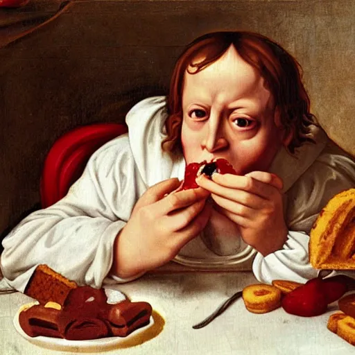 Prompt: satan eating Mr Kipling's french fancies, renaissance painting