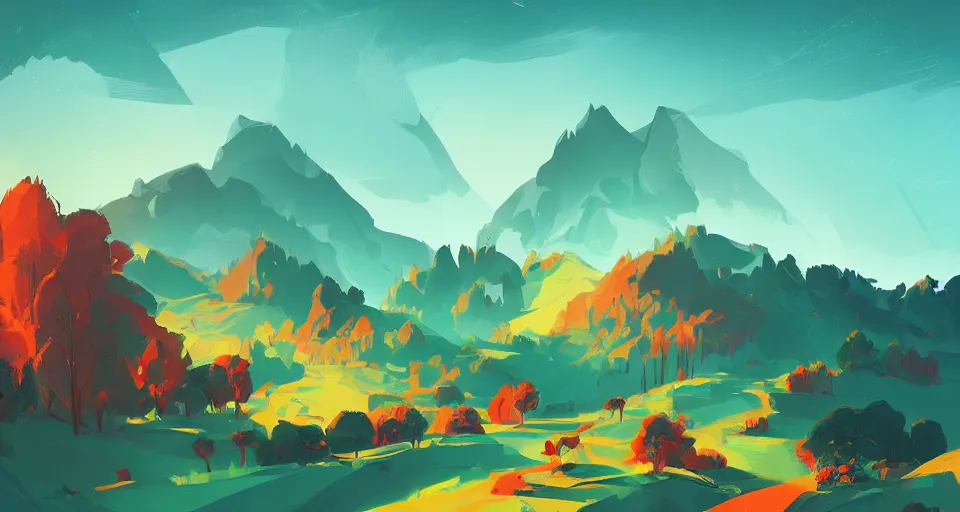 Image similar to a beautiful landscape with trees and mountains, by anton fadeev