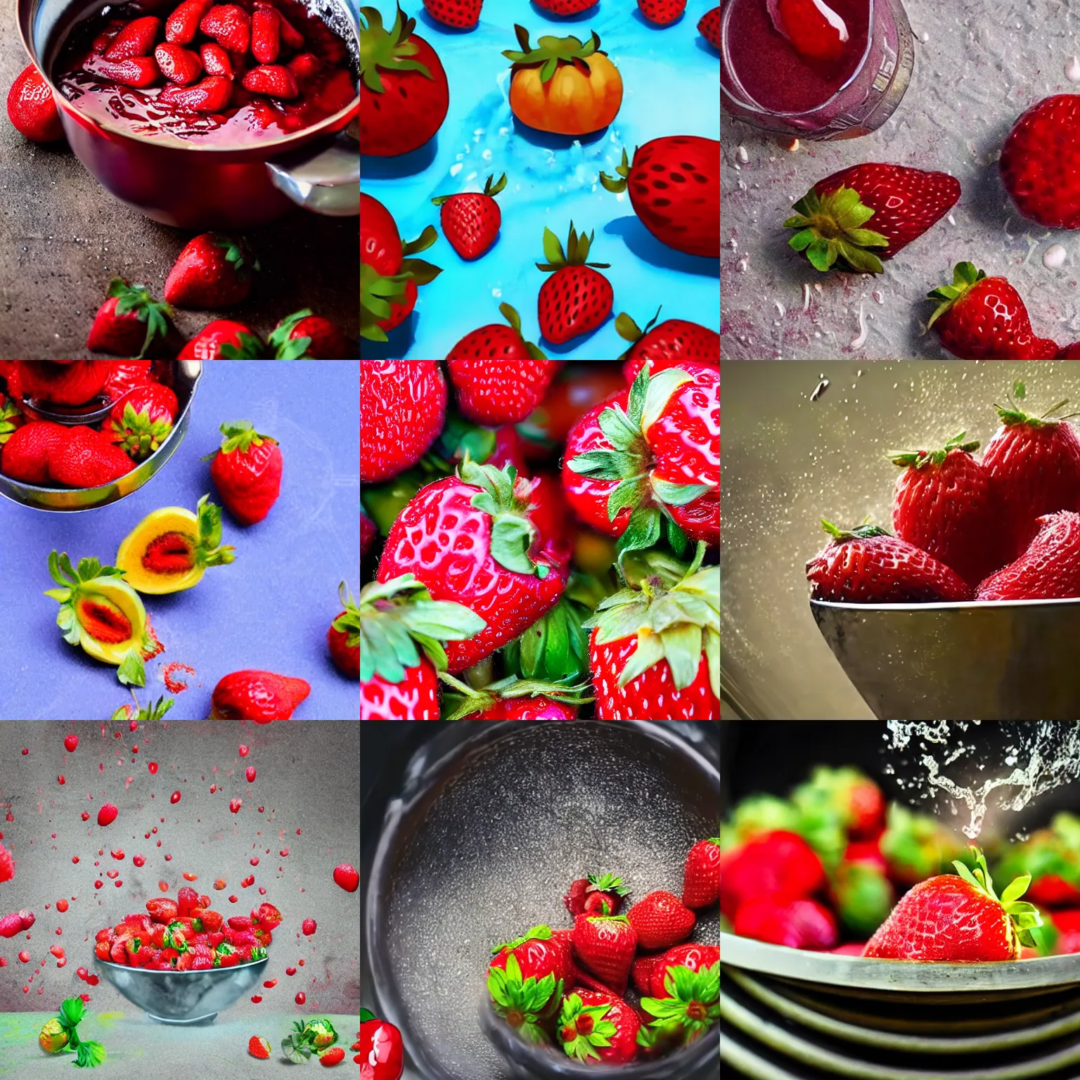Prompt: one strawberry fall in to big cauldron of jam, drops around, particles, slow motion advertising, award winning, beautiful drawn, colorfull, realistic, art
