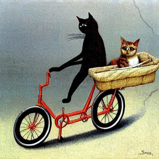 Prompt: A cat driving a bicycle, an illustration by Michael Sowa