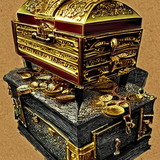 Image similar to Ornate Embellished Casket with Ancient Mummy King rising out Treasure Jewels Coins Dark Fantasy Art HDR