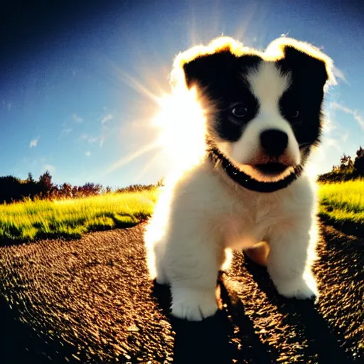 Image similar to This is a photo of a puppy. The puppy is happy. Tilt-shift fisheye photo. Light painting. God rays.