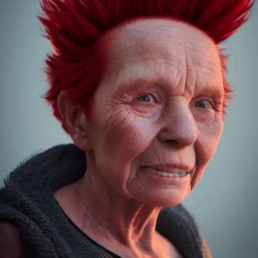 Prompt: old lady with a red mohawk, realistic, 8 k, extremely detailed, cgi, trending on artstation, hyper - realistic render, 4 k hd wallpaper, premium prints available, octane render, award winning, by greg rutkowski