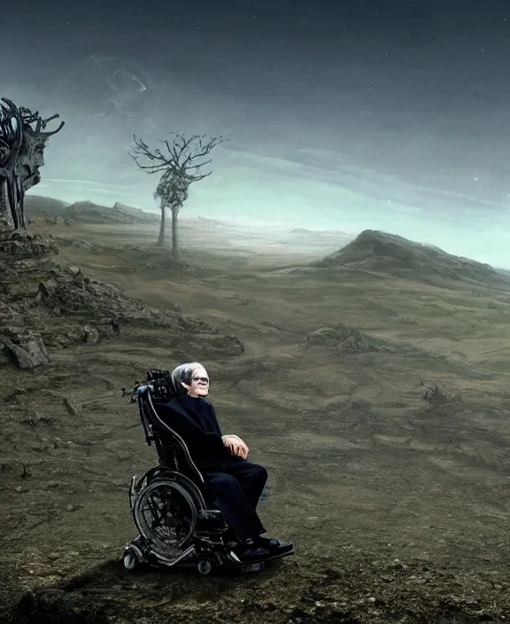 Image similar to stephen hawking on a desolate hilltop, by hr giger and beksinski and stephan martiniere, 4 k resolution, detailed, 3 d render, unreal engine, octane render, trending on artstation