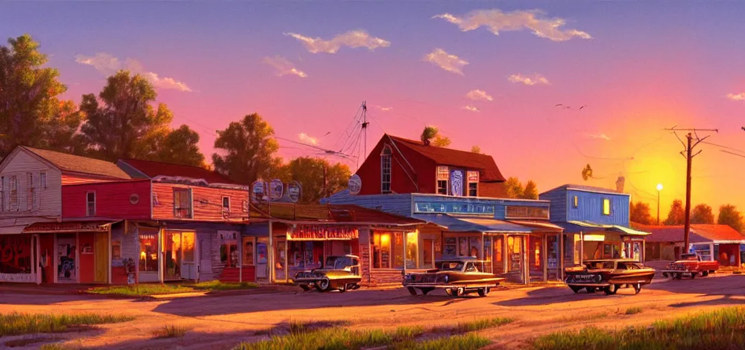 Prompt: concept art a small rural town in middle America in the 1960s, detailed, Americana, golden hour