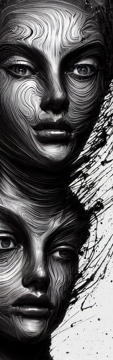 Prompt: epic illustration, digital abstract sculpt of beautiful female face and black swirling concrete acrylic portrait, black latex sculpt, close up portrait, mechanical superstructure, sacred geometry, glowing edges, magic hour, beautiful light, sculpture of carving marble, akemi ota, akira yasuda, clockwork, epic matte painting, concept art, bokeh, digital painting, artstation