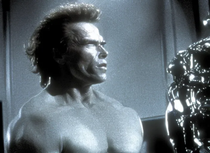 Image similar to arnold schwarzenegger in a still from the movie The Fly (1986)