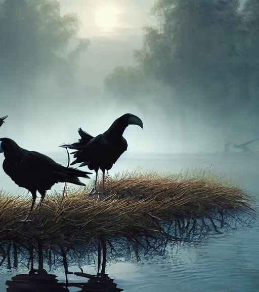 Image similar to three long legs long beak crows in a little boat in a swamp, volumetric lighting, majestic light, octane render, ethereal glare of the sun, hyperrealistic, epic, masterpiece, by greg rutkowski