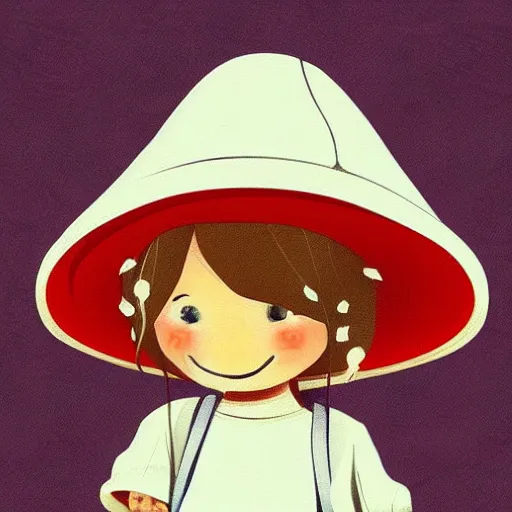 Image similar to little girl with a mushroom hat, cute artwork, clean detailed