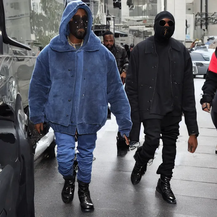 Image similar to kanye west using a face covering black mask with small little holes, a blue round puffer jacket and big black rubber boots,