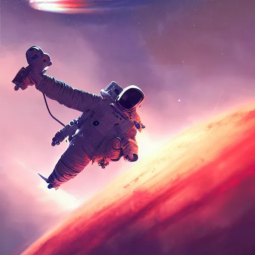 Image similar to 2 0 3 0 astronaut burning up while dropping through the majestic clouds of jupiter, by cedric peyravernay, highly detailed, excellent composition, cinematic concept art, dramatic lighting, trending on artstation