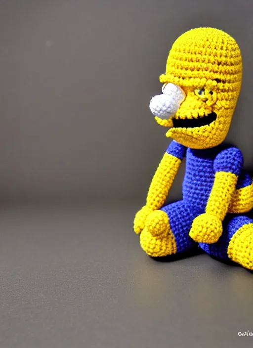 Image similar to a crochet Homer Simpson, realistic, no cropping, full body, Sigma 50 mm f/1.4