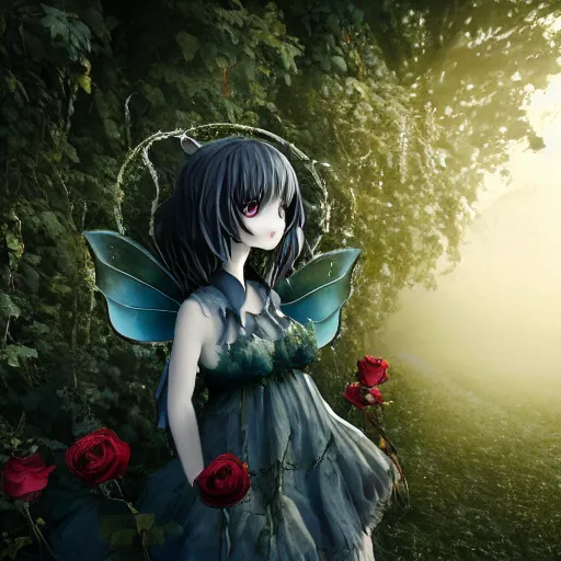 Image similar to cute fumo plush girl among vines in the middle of a foggy dark cursed rose garden under a blue sky, beautiful glowing ethereal gothic magical wraith fairy girl with dark eyes, horns, sheep girl, anime, tattered dress, bokeh, vray