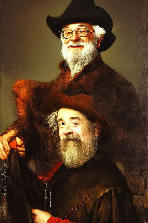Prompt: terry pratchett smiling slightly by rembrandt and konstantin razumov