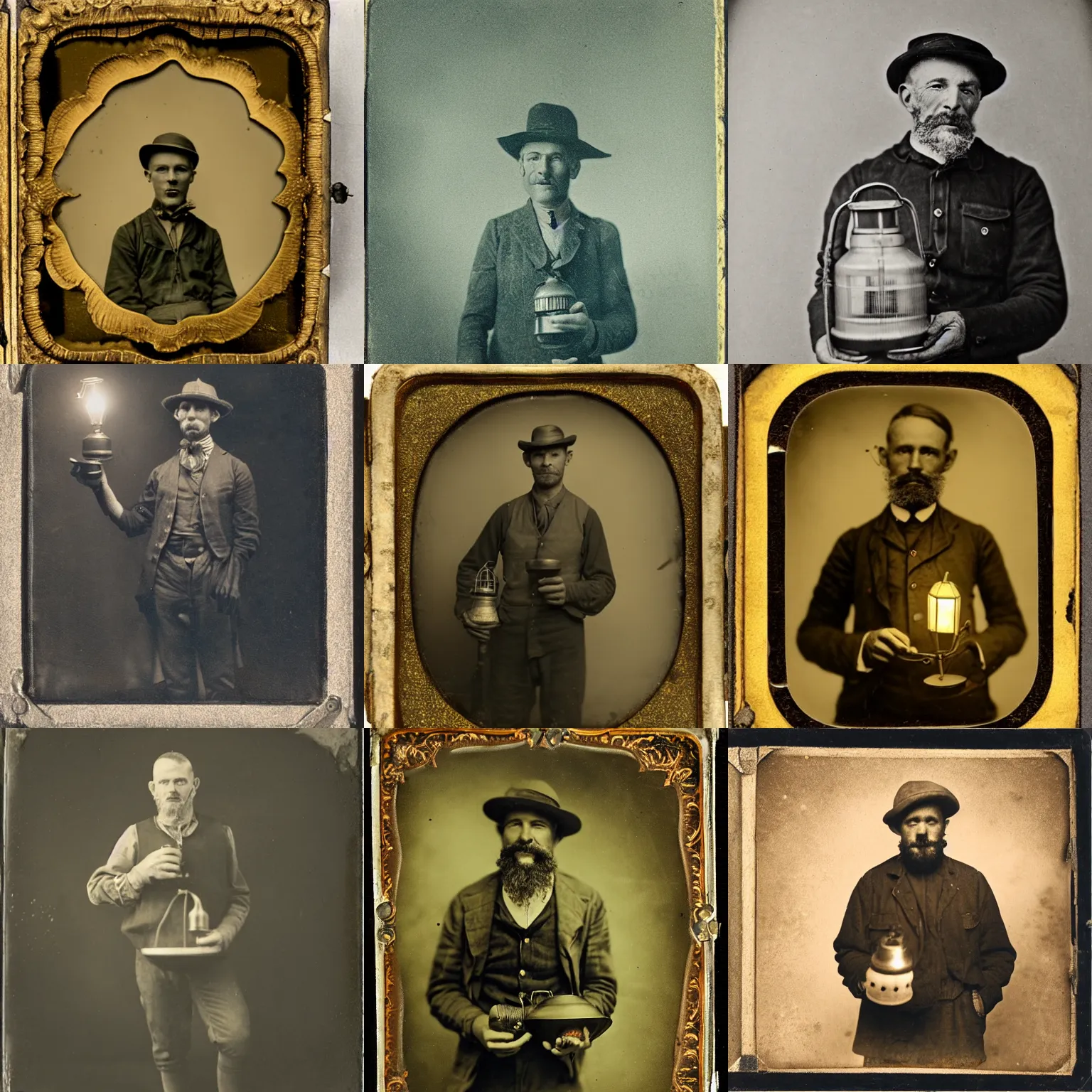 Prompt: Tintype photograph of a prospector holding a glowing lantern. 1920s studio lighting.