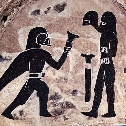 Prompt: Cave painting of Darth Vader fighting