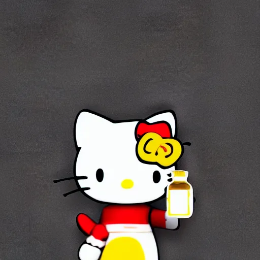 Image similar to a 3d render of hello kitty holding a bottle of whiskey, artstation, by makoto shinkai